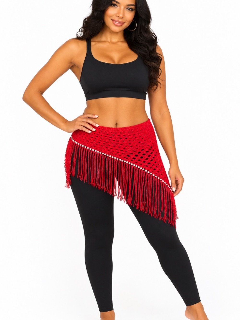 Crochet Cotton Hip Scarf with Rhinestones and Fringe